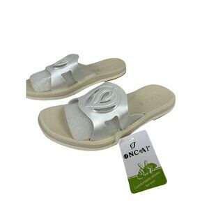 ONCAI Womens Flat Sandals Size 7 Pearl White Slip-On Open-Toe Lightweight Design